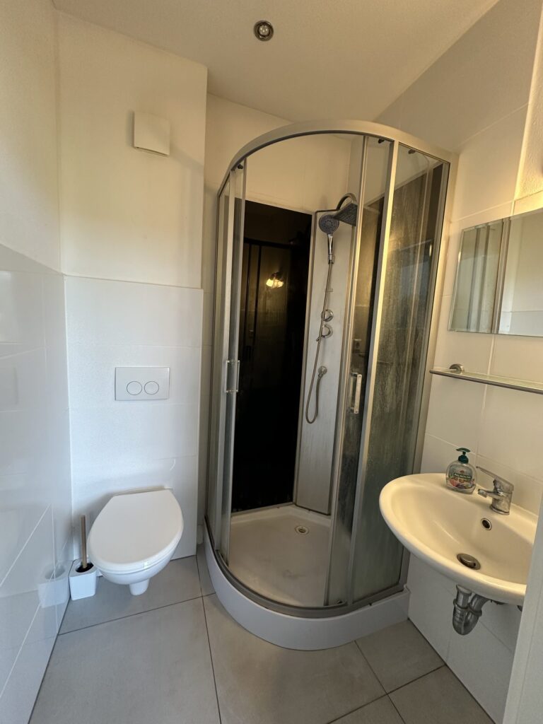 Bad mit Dusche, WC und Waschbecken im Hotel Heidekamp Bielefeld